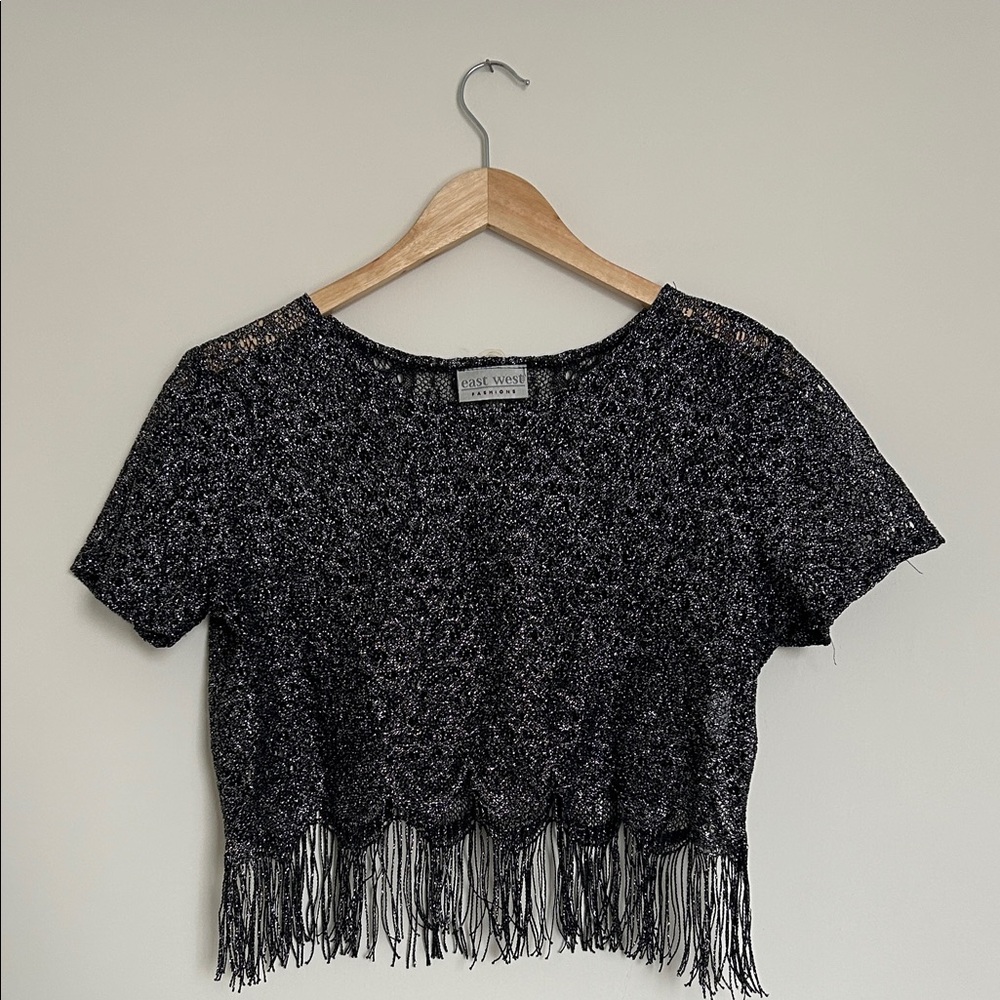 Vintage Sparkly Sheer Black Fringe Crop Top